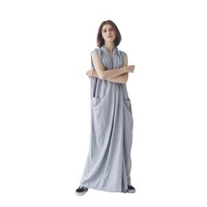 Japanese style maxi linen dress, Epic Linen, gray/white stripe, wabi-sabi, Lagom
